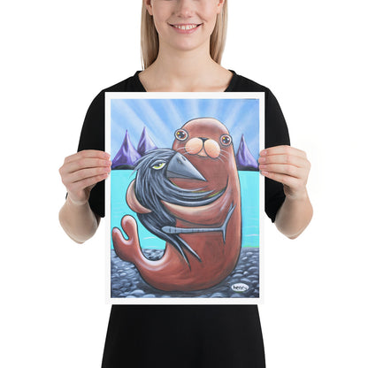 Seal and Crow Hugging Giclée Print Art Poster for wall décor features Original Painting by Seattle Mural Artist Henry