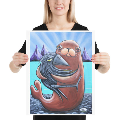 Seal and Crow Hugging - Giclée Print Art Poster