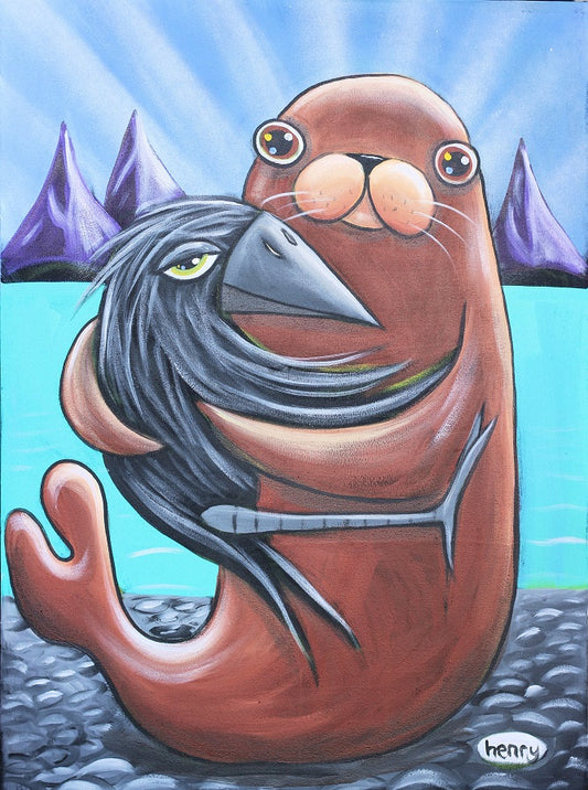 Seal and Crow Hugging Canvas Giclee Print Featuring Original Art by Seattle Mural Artist Ryan Henry Ward