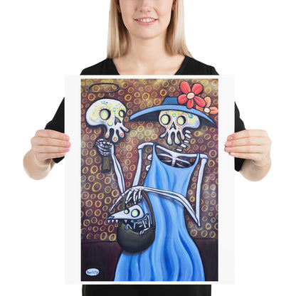 Skeleton Woman with Skeleton Dog Giclee Print Art Poster for Wall Decor features Original Painting by Seattle Mural Artist Henry