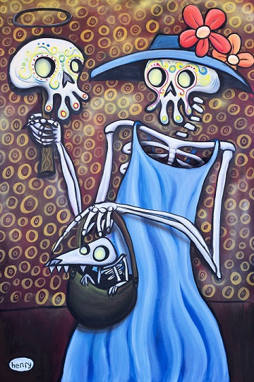 Skeleton Woman with Skeleton Dog Canvas Giclee Print Featuring Original Art by Seattle Mural Artist Ryan Henry Ward