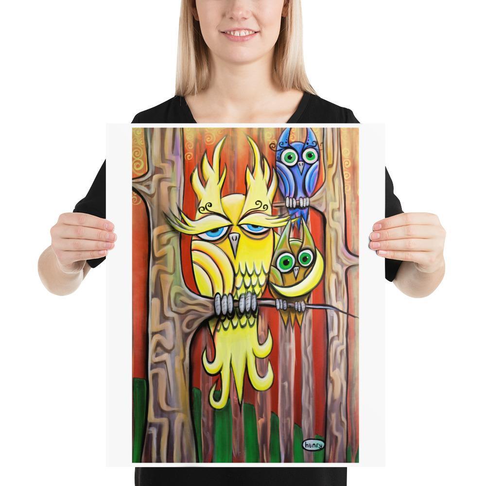 Three Owls Giclee Print Art Poster for Wall Decor features Original Painting by Seattle Mural Artist Henry