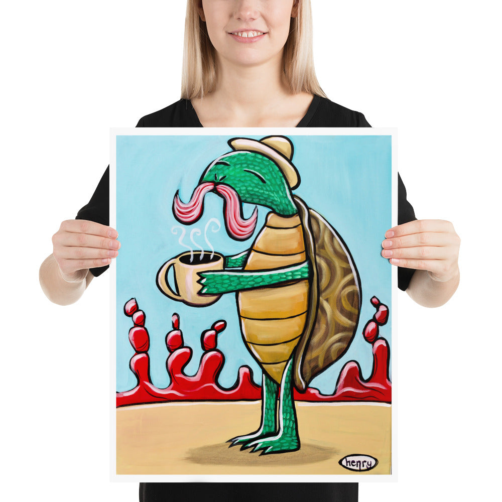 Turtle with Coffee Giclee Print Art Poster for Wall Decor features Original Painting by Seattle Mural Artist Henry