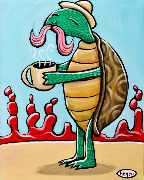 Turtle with Coffee Canvas Giclee Print Featuring Original Art by Seattle Mural Artist Ryan Henry Ward