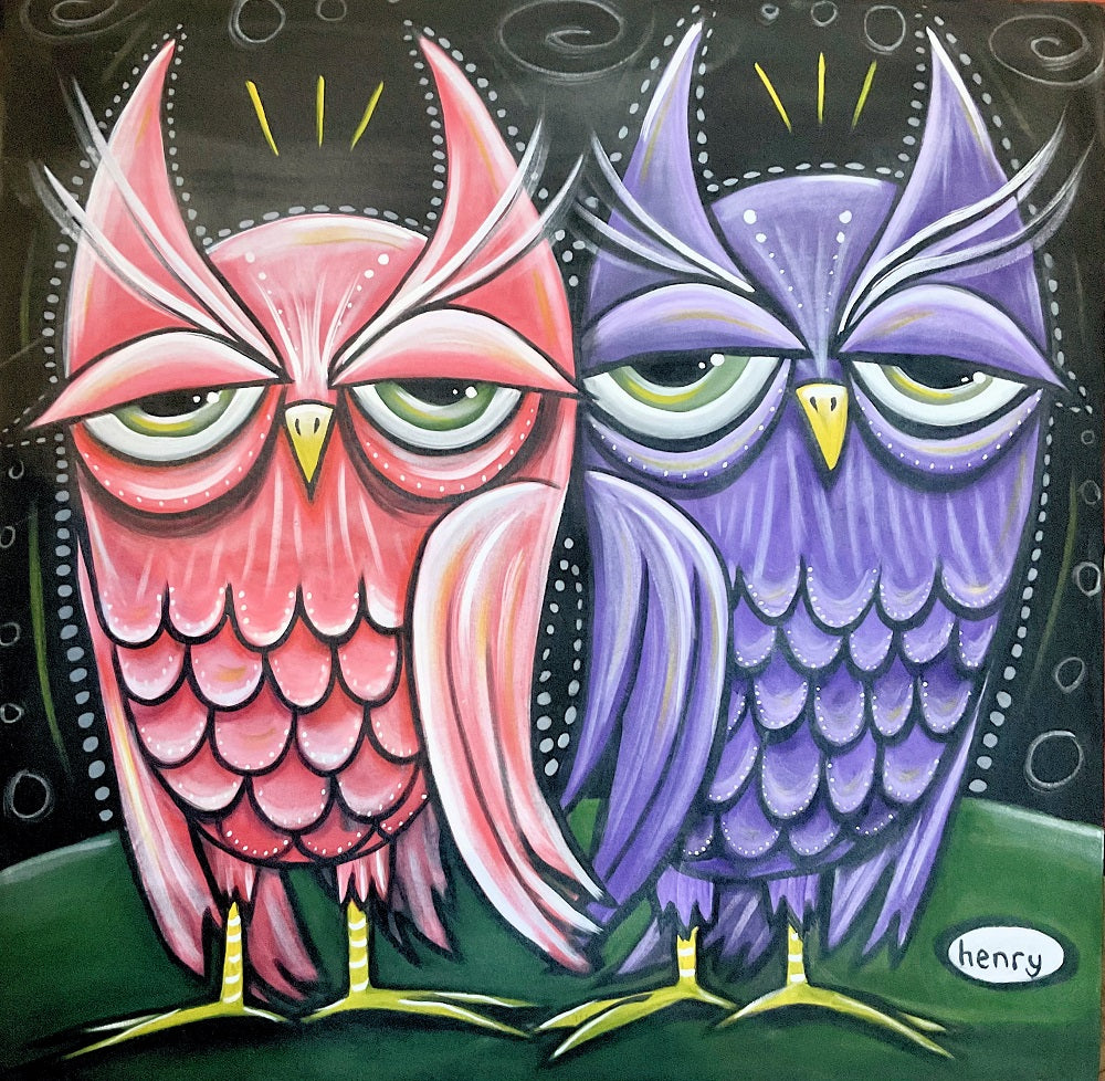 Two Sleepy Owls Canvas Giclee Print Featuring Original Art by Seattle Mural Artist Ryan Henry Ward