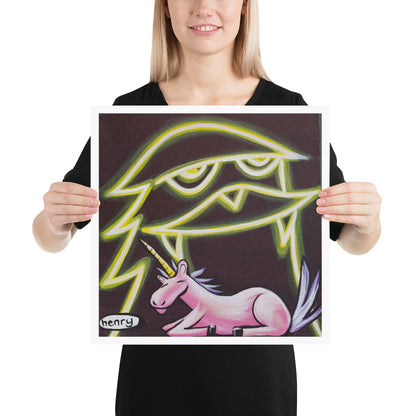 Unicorn with Neon Sasquatch Giclee Print Art Poster for wall decor features Original Painting by Seattle Mural Artist Henry