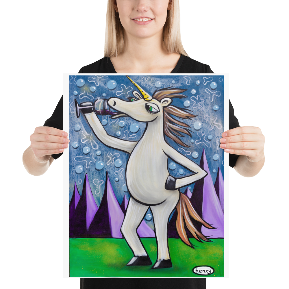 Unicorn with Wine Giclee Print Art Poster for wall decor features Original Painting by Seattle Mural Artist Henry
