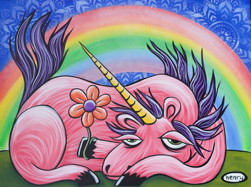 Unicorn With Flower Canvas Giclee Print Featuring Original Art by Seattle Mural Artist Ryan Henry Ward