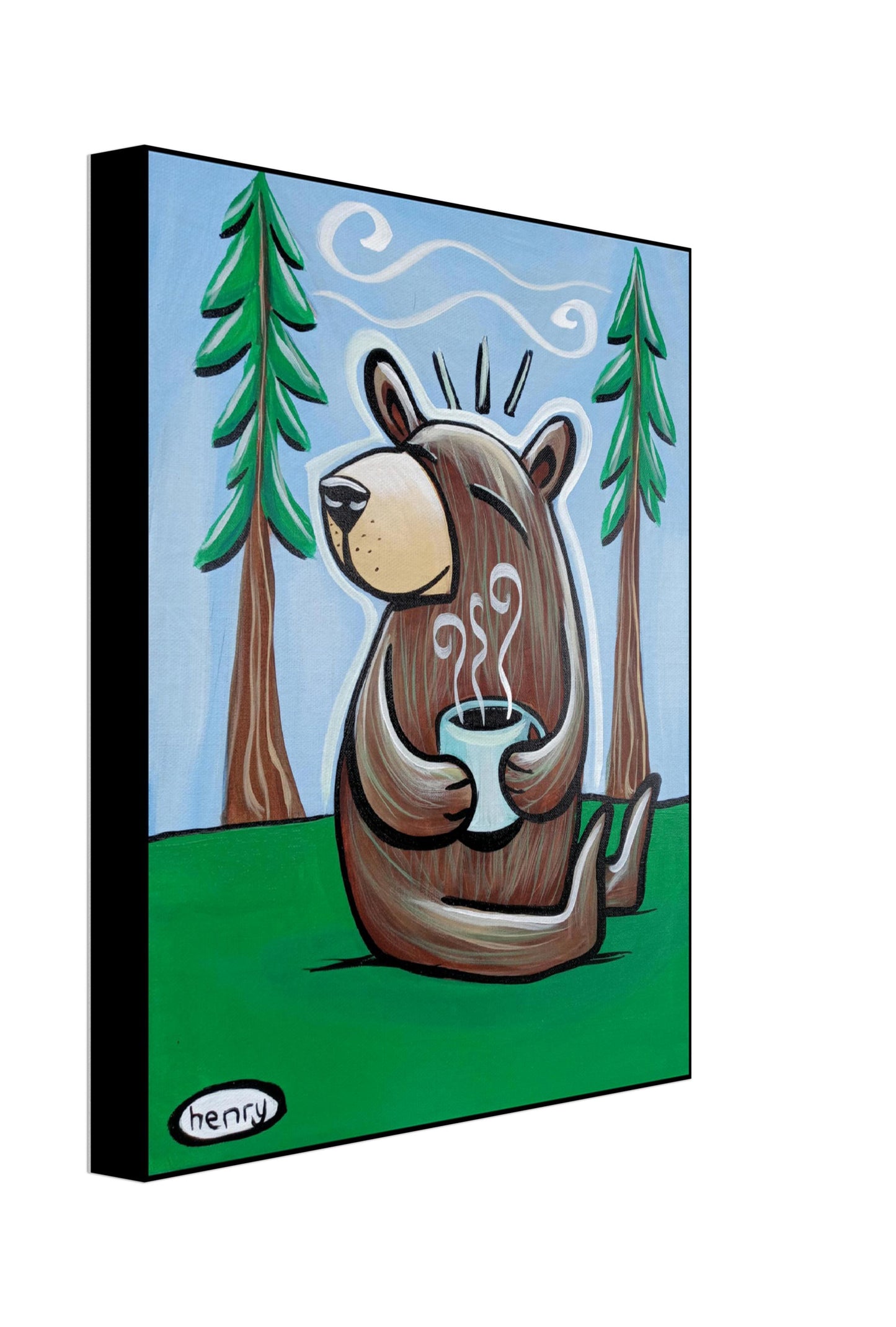 Bear with Coffee in the Woods Canvas Giclee Print Featuring Original Art by Seattle Mural Artist Ryan Henry Ward