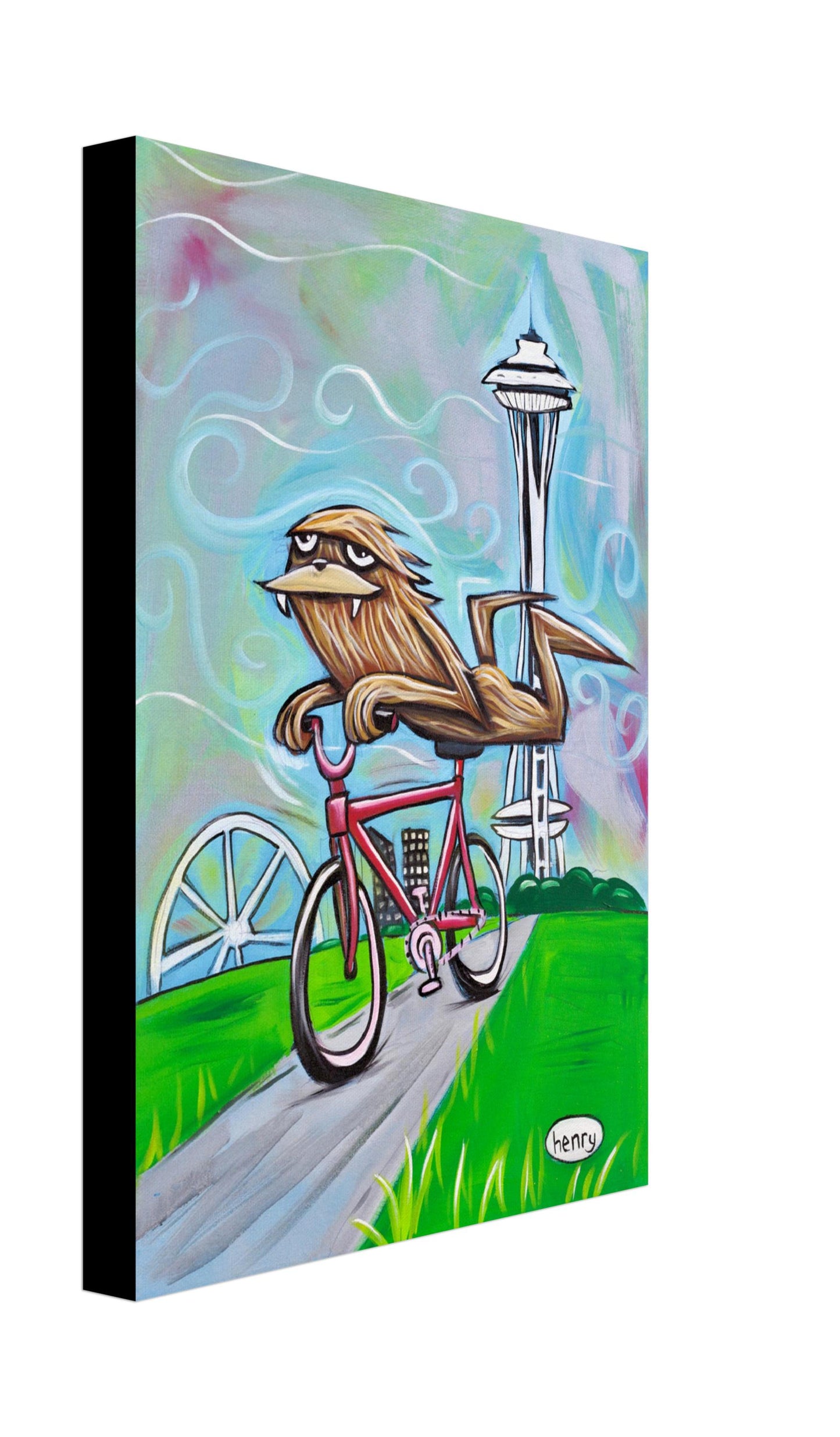 Sasquatch Riding Bike in Seattle - Canvas Print