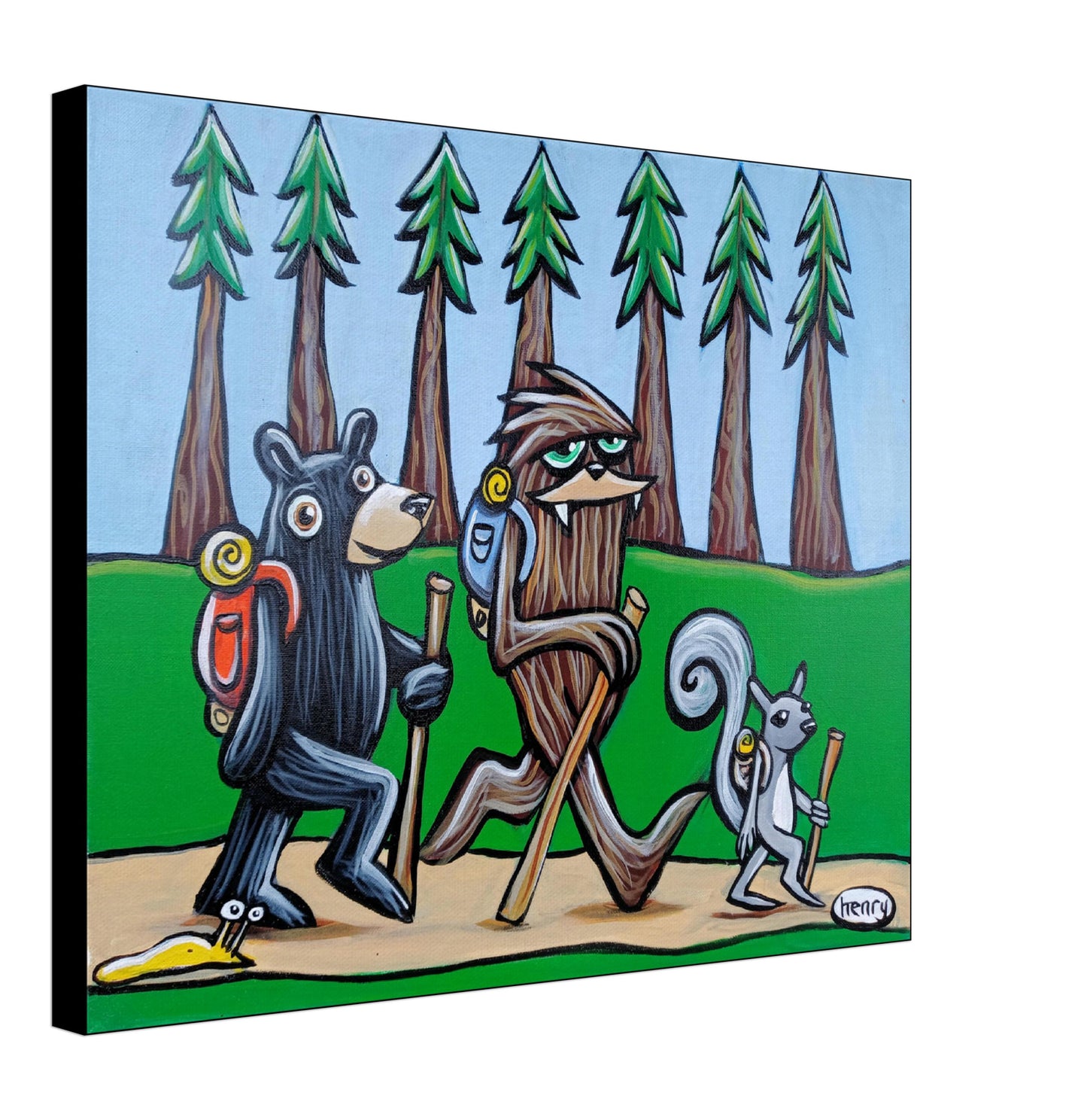 Bear, Sasquatch, Squirrel and Slug Hiking Canvas Giclee Print Featuring Original Art by Seattle Mural Artist Ryan Henry Ward