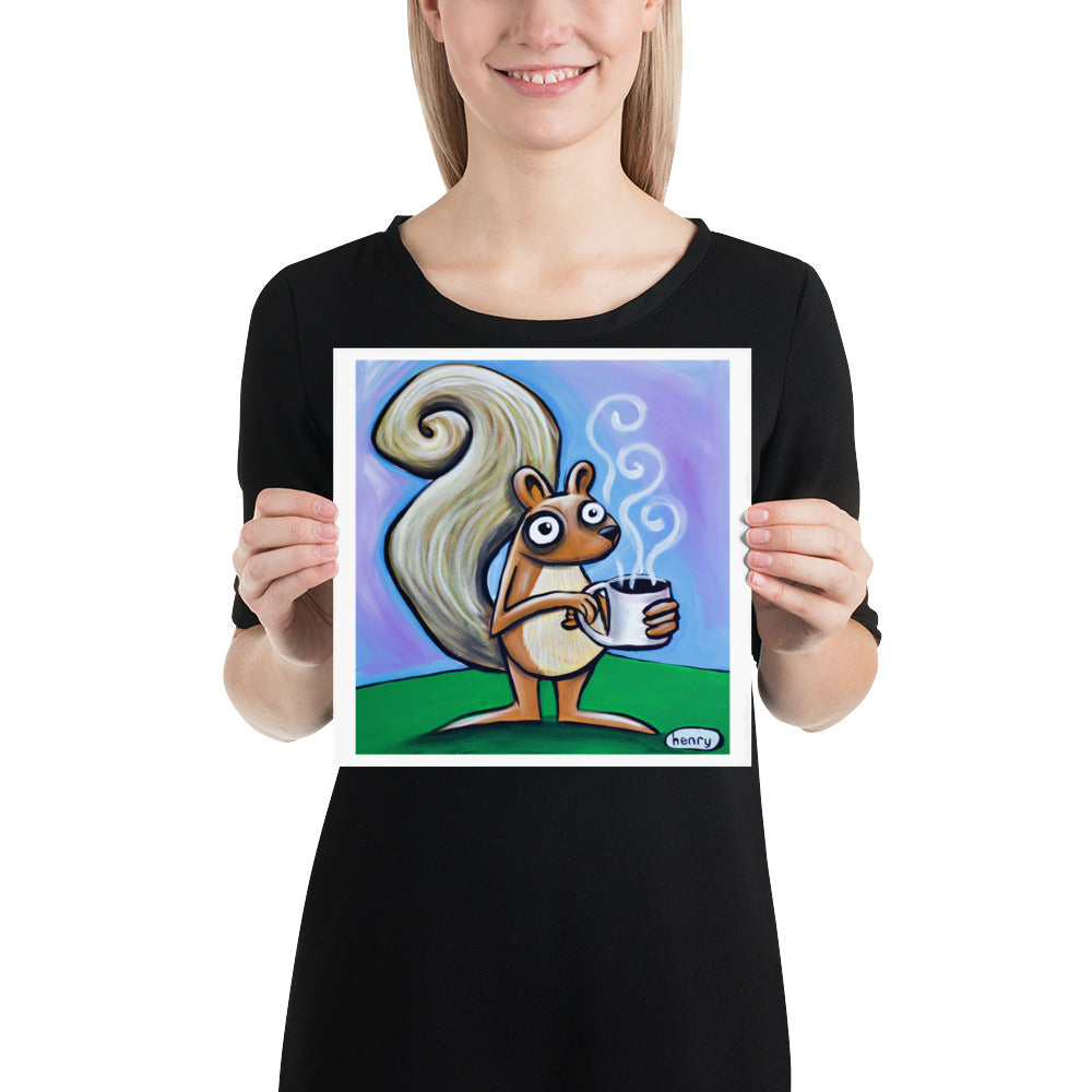 Squirrel with Coffee Giclee Print Art Poster for wall decor features Original Painting by Seattle Mural Artist Henry