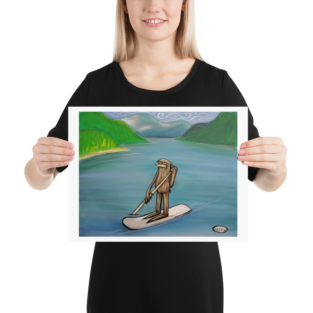 Sasquatch Paddle Boarding Giclee Print Art Poster for wall decor features Original Painting by Seattle Mural Artist Henry