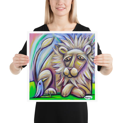 Lion and Bird Giclee Print Art Poster for wall decor features Original Painting by Seattle Mural Artist Henry