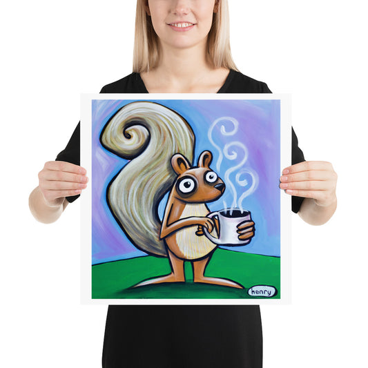 Squirrel with Coffee Giclee Print Art Poster for wall decor features Original Painting by Seattle Mural Artist Henry