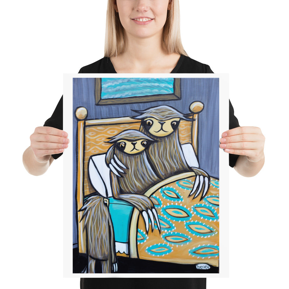 Sloth Family Bedtime Giclee Print Art Poster for Wall Decor features Original Painting by Seattle Mural Artist Henry