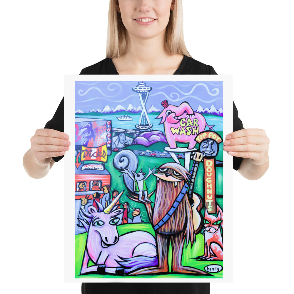 Seattle Scene Giclee Print Art Poster for Wall Decor features Original Painting by Seattle Mural Artist Henry