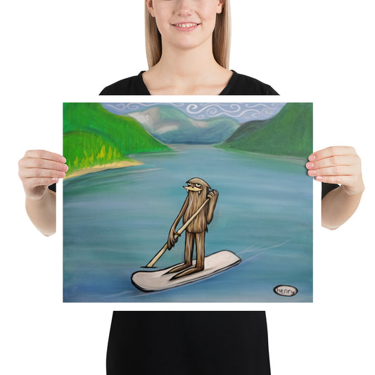 Sasquatch Paddle Boarding Giclee Print Art Poster for wall decor features Original Painting by Seattle Mural Artist Henry