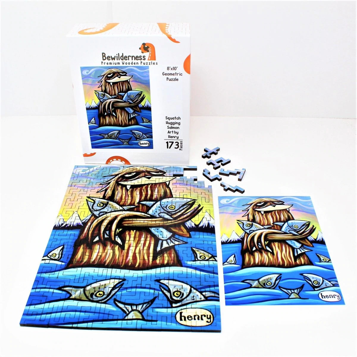 "Sasquatch Hugging Salmon" - 173 Pieces, Geometric Puzzle Featuring the Art of Henry