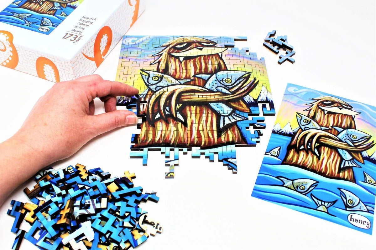 "Sasquatch Hugging Salmon" - 173 Pieces, Geometric Puzzle Featuring the Art of Henry