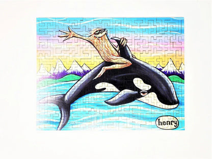 "Sasquatch Riding Orca" - 173 Pieces, Geometric Puzzle Featuring the Art of Henry