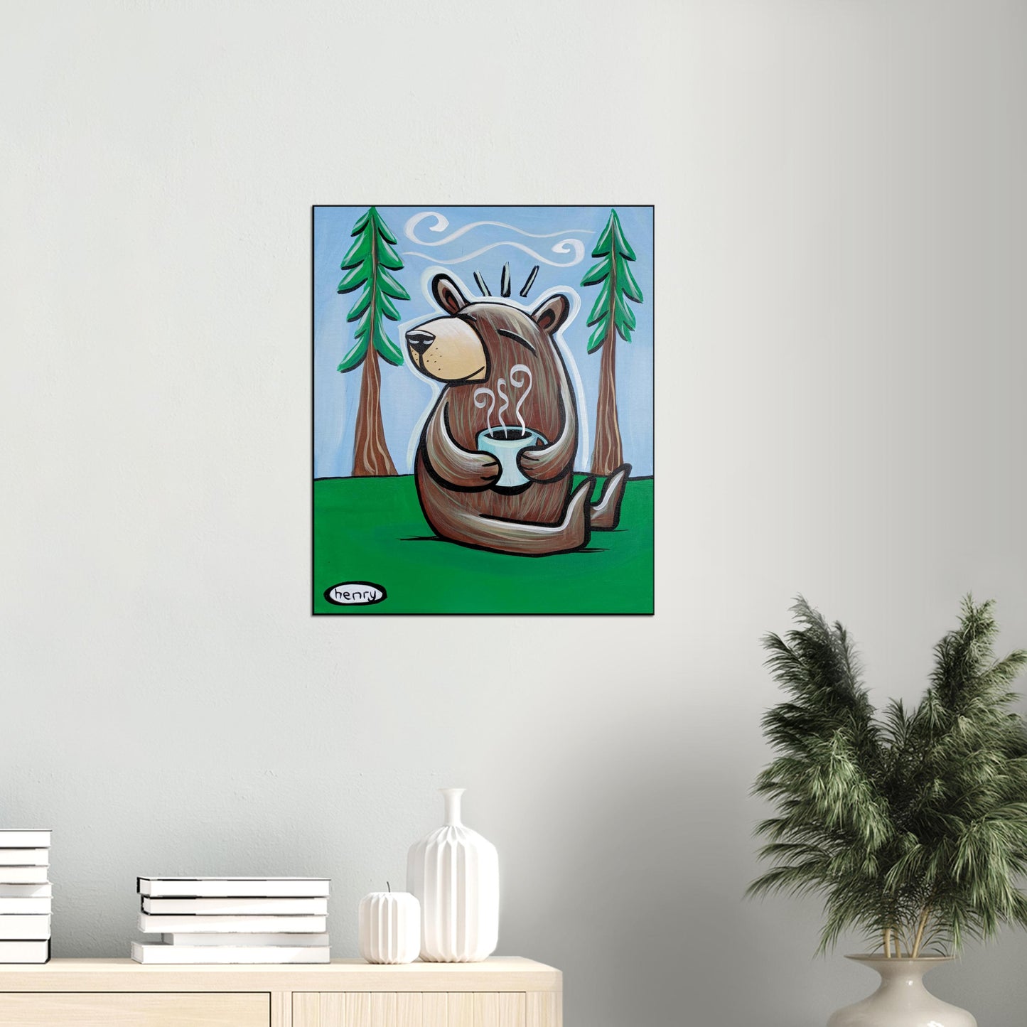 Bear with Coffee in the Woods Canvas Giclee Print Featuring Original Art by Seattle Mural Artist Ryan Henry Ward