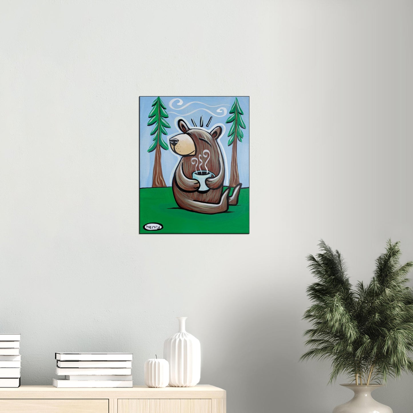 Bear with Coffee in the Woods Canvas Giclee Print Featuring Original Art by Seattle Mural Artist Ryan Henry Ward