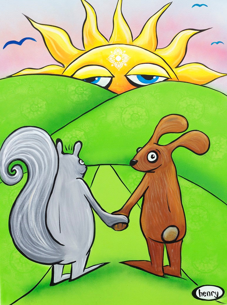 Squirrel and Rabbit Hand in Hand Canvas Giclee Print Featuring Original Art by Seattle Mural Artist Ryan Henry Ward