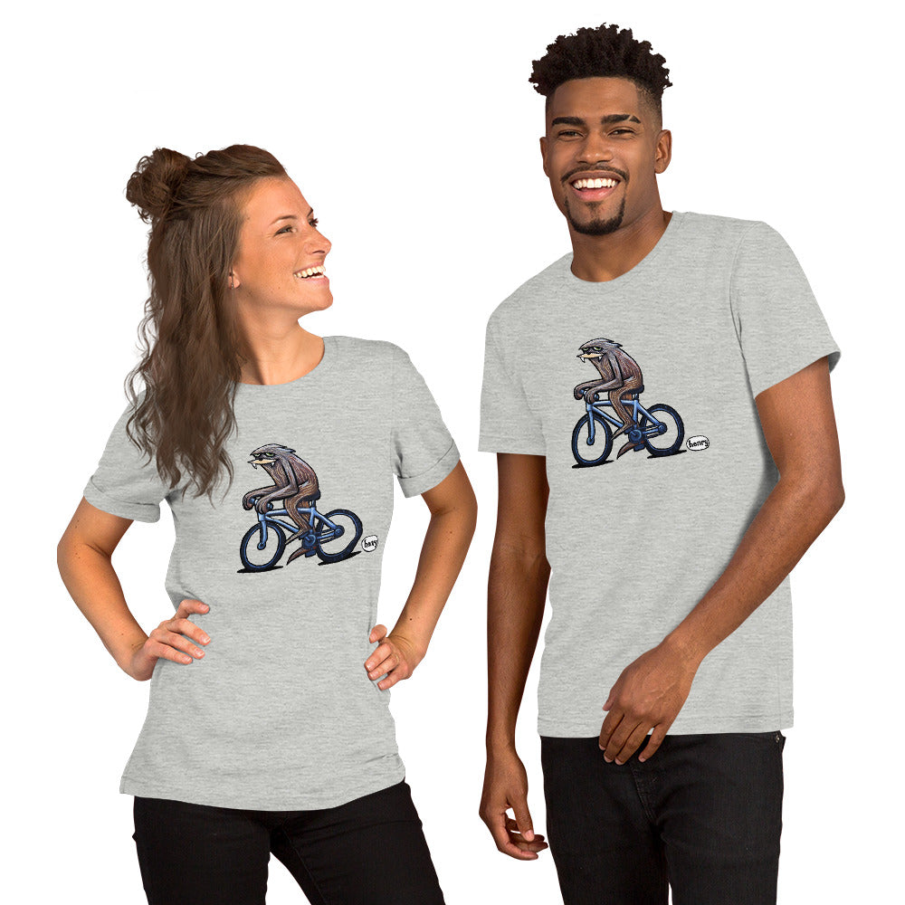 Sasquatch Biking Fast Unisex T-Shirt | Wearable Art by Seattle Mural Artist Ryan "Henry" Ward