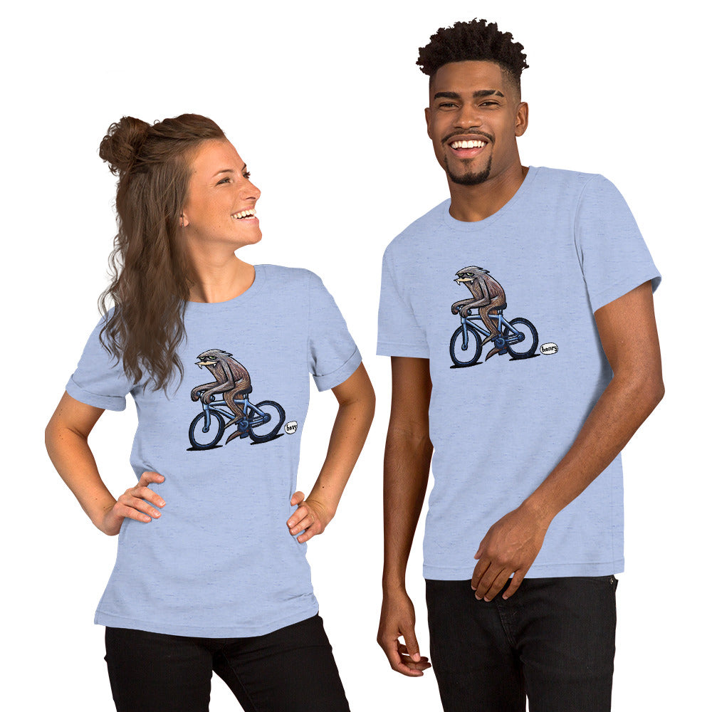Sasquatch Biking Fast Unisex T-Shirt | Wearable Art by Seattle Mural Artist Ryan "Henry" Ward