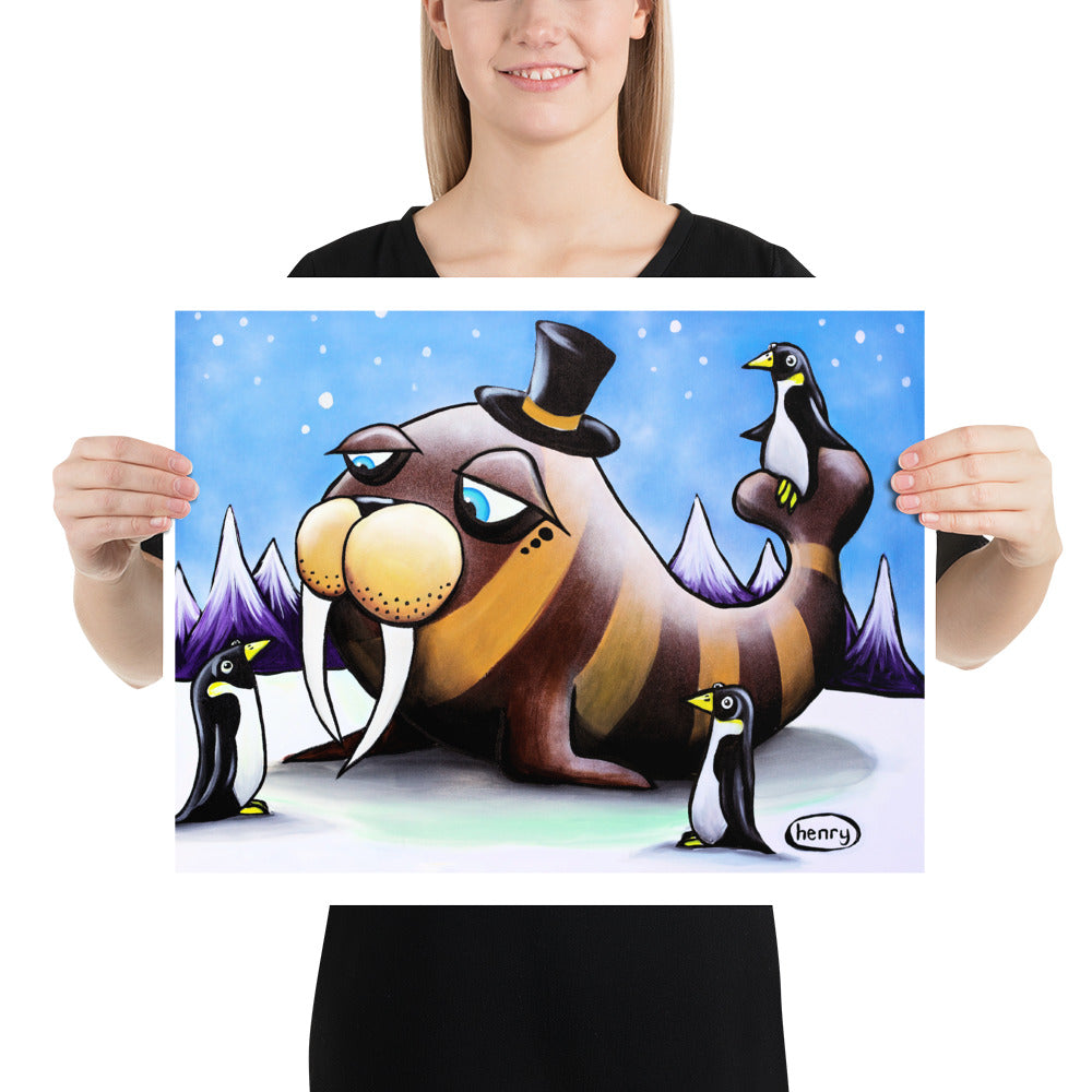 Walrus in Top Hat with Penguins - Henry Print - Art of Henry