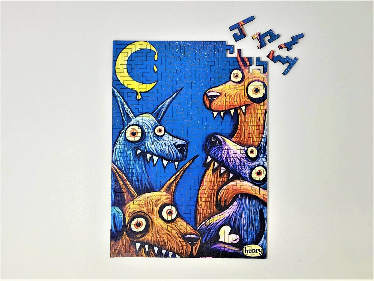 "Wolves and the Moon" - 173 Pieces, Geometric Puzzle Featuring the Art of Henry