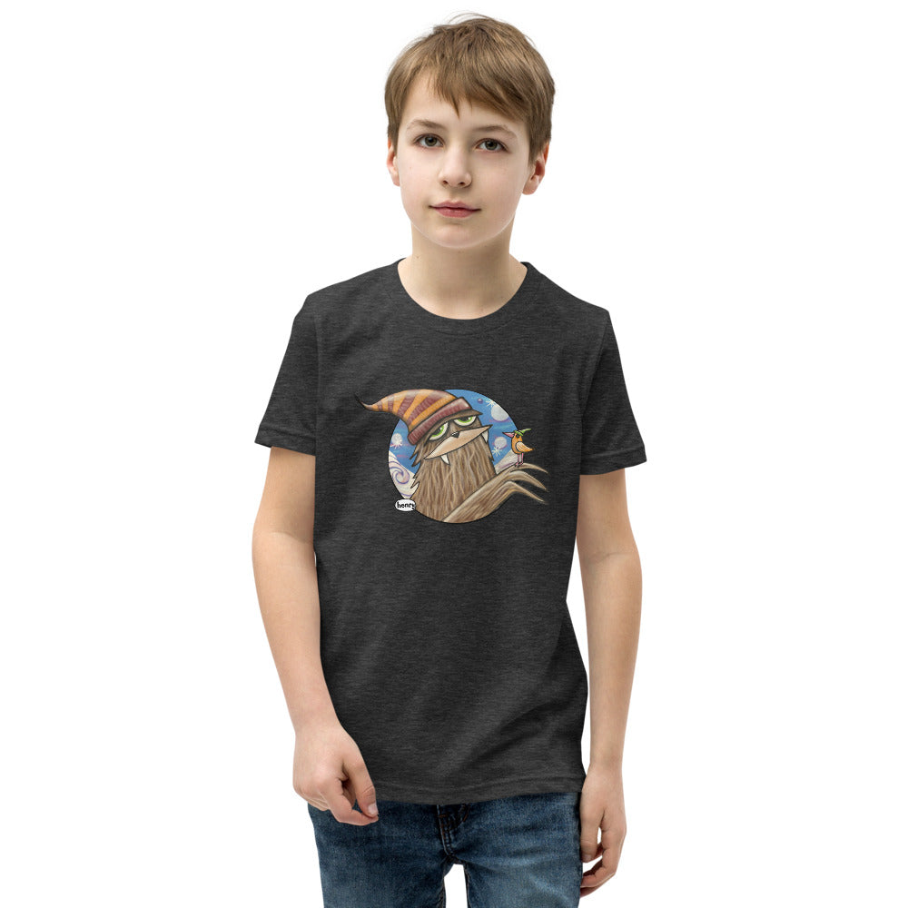 Sasquatch in Hat with Bird Dark Hather Gray Youth T-Shirt | Wearable Art by Seattle Mural Artist Ryan "Henry" Ward